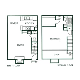 Floor Plan  A black and white diagram of a two-floor apartment layout.