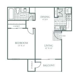 Floor Plan  A floor plan of a small apartment with a bedroom, living room, kitchen, and bathroom.