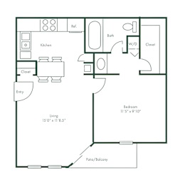 Floor Plan  A floor plan of a small apartment with a living room, kitchen, bathroom, and bedroom.