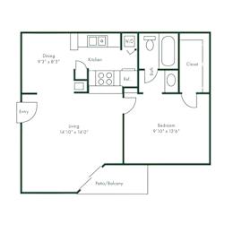 Floor Plan  A floor plan of a small apartment with a living area, kitchen, bedroom, and bathroom.