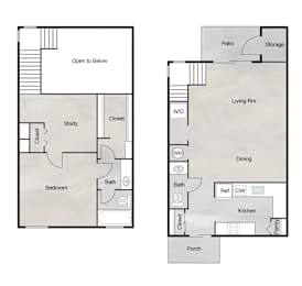 Floor Plan  A floor plan of a house with two bedrooms, a study, a bathroom, a porch, a living room, a dining room, a kitchen, a pantry, and storage.