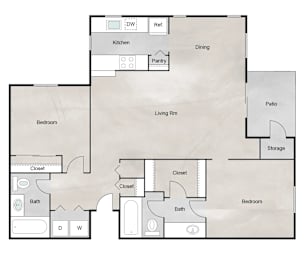 Floor Plan  A floor plan of a house with a kitchen, dining room, pantry, living room, two bedrooms, two bathrooms, and storage.