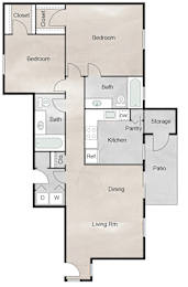 Floor Plan  A floor plan of a house with two bedrooms, a bath, a pantry, a kitchen, a storage area, a dining room, and a living room.