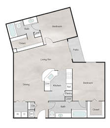 Floor Plan  A floor plan of a house with a living room, dining room, kitchen, two bedrooms, a pantry, and a patio.