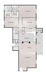 Floor Plan  A floor plan of a house with a living room, dining room, kitchen, two bedrooms, two bathrooms, and storage.