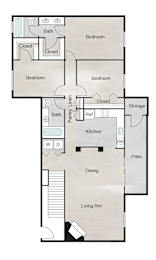 Floor Plan  A floor plan of a house with a living room, two bedrooms, a bathroom, a kitchen, a dining area, and a patio.
