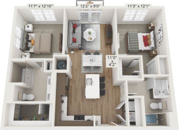 Floor Plan  a 3d floor plan of a living room and a bedroom