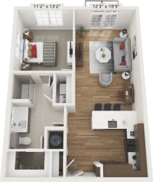 Floor Plan  a 3d rendering of the living room and kitchen of a 1 bedroom apartment