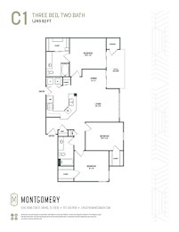 Floor Plan  A floor plan for a three bedroom, two bathroom apartment.