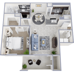 Floor Plan  A 3D floor plan of a small apartment with a living room, kitchen, and bedroom.