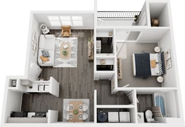 A top-down view of a small, well-organized apartment with a kitchen, living room, and bedroom.