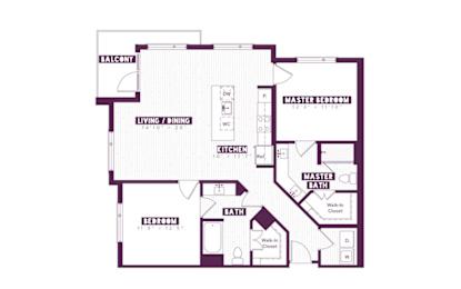 Floor Plan  A floor plan of a house with a balcony, living room, kitchen, two bathrooms, and a master bedroom.