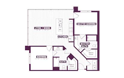 Floor Plan  A floor plan of a house with a living and dining area, kitchen, and two bedrooms.
