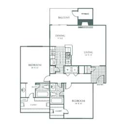 Floor Plan  A floor plan of a two bedroom apartment with a living room and a balcony.