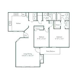 Floor Plan  A black and white floor plan of a house with a living room, dining room, kitchen, and two bedrooms.