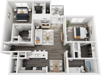 A top-down view of a small apartment layout with labeled rooms.