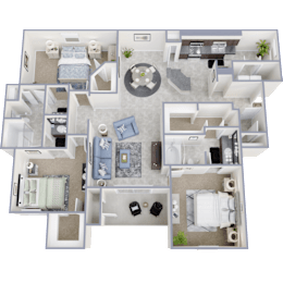 Floor Plan  A detailed 3D floor plan of a house layout.