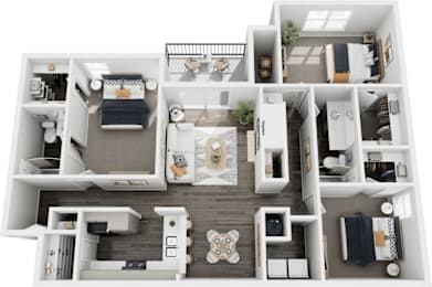 A top-down view of a small apartment layout with a kitchen, living room, and bedrooms.