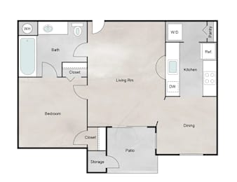 Floor Plan  A floor plan of a house with a living room, dining room, kitchen, bedroom, bathroom, pantry, and storage.