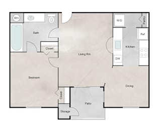 Floor Plan  A floor plan of a house with a bedroom, bathroom, kitchen, dining area, and patio.