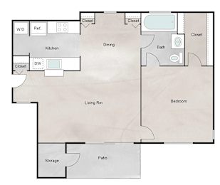 Floor Plan  A floor plan of a house with a living room, dining room, kitchen, bedroom, bathroom, and storage area.