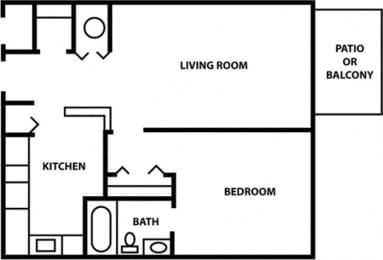 a floor plan of a living room with a kitchen and a bathroom