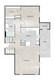 Floor Plan  A floor plan of a house with a living room, kitchen, pantry, two bedrooms, two bathrooms, and a storage area.