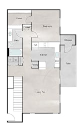 Floor Plan  A floor plan of a house with a living room, kitchen, pantry, bathroom, two closets, a bedroom, and storage.