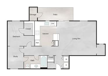 Floor Plan  A floor plan of a house with a study, bedroom, kitchen, living room, bathroom and closets.