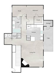 Floor Plan  A floor plan of a house with a living room, kitchen, bedroom, and bathroom.
