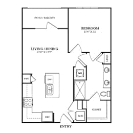 Floor Plan  A floor plan of a home with a bedroom, living/dining area, and closet.