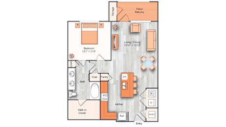 Floor Plan  A floor plan of a house with a bedroom, bathroom, kitchen, living room, and a balcony.