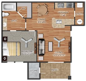 Floor Plan  A floor plan of a house with a bedroom, bathroom, kitchen, dining room, living room, and a store and patio.