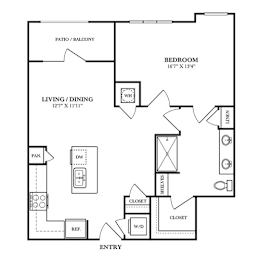 Floor Plan  A black and white image of a house floor plan with a patio and balcony.