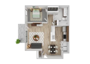 Floor Plan  A top-down view of a small apartment with a kitchen, living room, and bathroom.