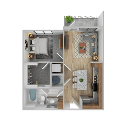 Floor Plan  A top-down view of a small apartment with a kitchen, living room, and bathroom.