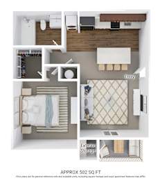 Floor Plan  A floor plan of a small apartment with an entry, a bedroom, and an exterior storage area.