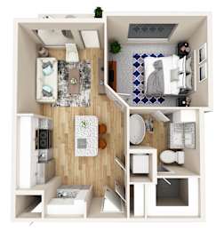 Floor Plan  A modern apartment layout with a kitchen, living room, and bathroom.