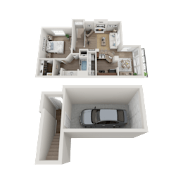 Floor Plan  A top-down and side view of a house layout with a car parked in the garage.