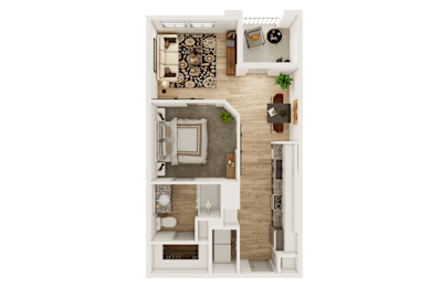 Floor Plan  A top-down view of a small apartment with a living room, kitchen, and bathroom.