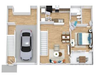 Floor Plan  A car is parked in a garage attached to a house.