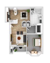 Floor Plan  A top-down view of a small apartment with a kitchen, living room, and bathroom.