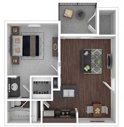 A floor plan of a small apartment with a kitchen, living room, and bathroom.