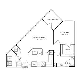 Floor Plan  A black and white drawing of a house with a living room, dining room, and bedroom.