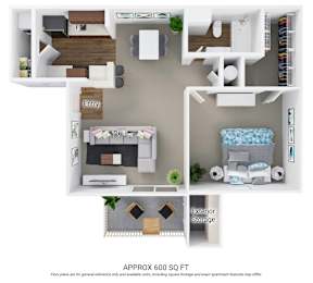 Floor Plan  A floor plan of a 600 square foot apartment with a bedroom, living room, kitchen, and bathroom.