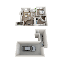 Floor Plan  A top and side view floor plan of a house with a garage.