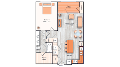 Floor Plan  A floor plan of a house with a bedroom, living room, kitchen, and bathroom.