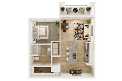 Floor Plan  A top-down view of a modern apartment layout with a kitchen, living room, and bathroom.
