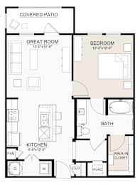Floor Plan  A floor plan of a house with a kitchen, bathroom, bedroom, and great room.