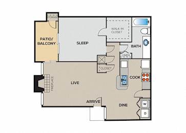A floor plan of a house with a sleeping area, a bathroom, a kitchen, a dining area, a living room, a patio, and a walk-in closet.